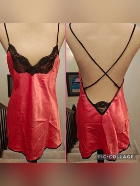 Vtg 60s 70s Lady Cameo Dallas Satin Lingerie Slip Dress w Lace Trim & Low Back